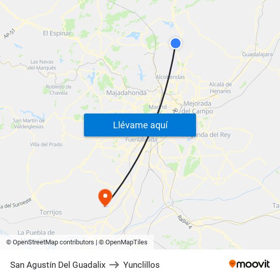 San Agustín Del Guadalix to Yunclillos map