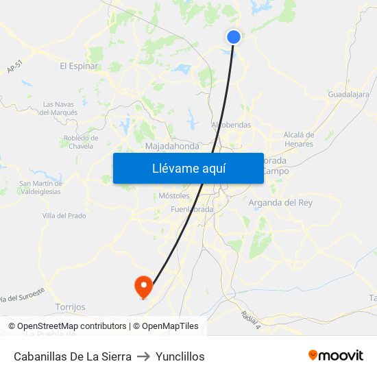 Cabanillas De La Sierra to Yunclillos map