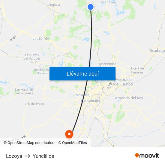 Lozoya to Yunclillos map