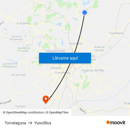Torrelaguna to Yunclillos map