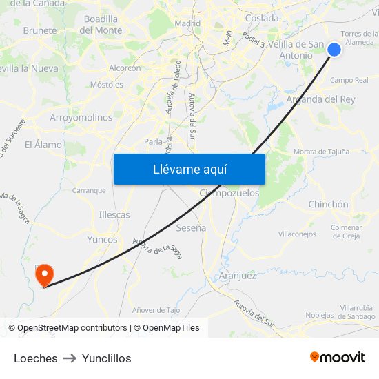 Loeches to Yunclillos map