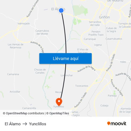 El Álamo to Yunclillos map