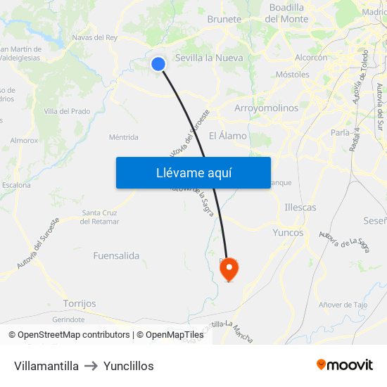 Villamantilla to Yunclillos map