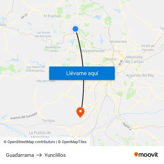 Guadarrama to Yunclillos map