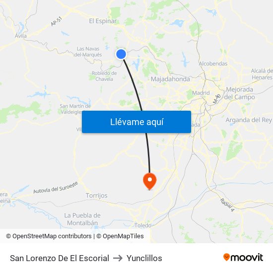San Lorenzo De El Escorial to Yunclillos map