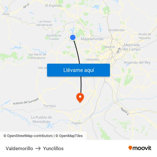 Valdemorillo to Yunclillos map