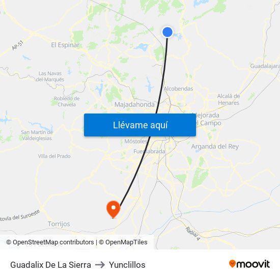 Guadalix De La Sierra to Yunclillos map