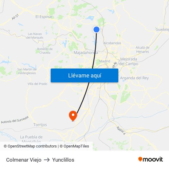 Colmenar Viejo to Yunclillos map