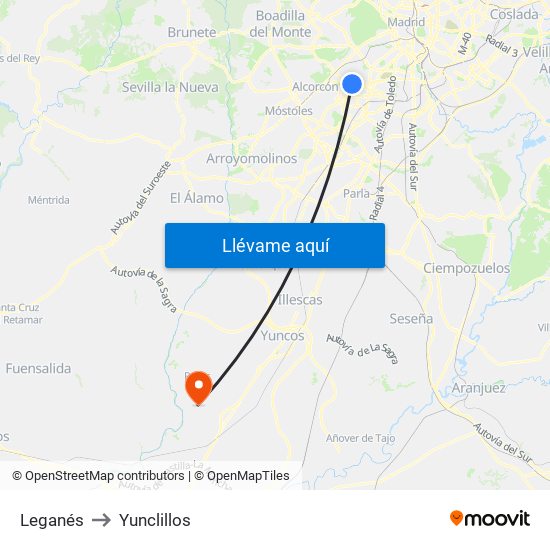 Leganés to Yunclillos map