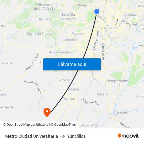 Metro Ciudad Universitaria to Yunclillos map