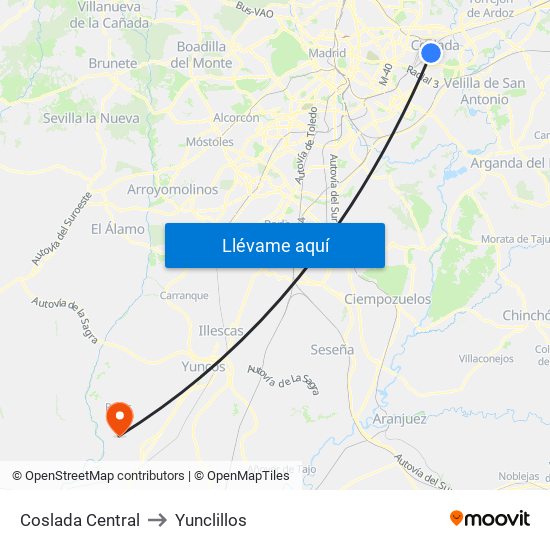Coslada Central to Yunclillos map