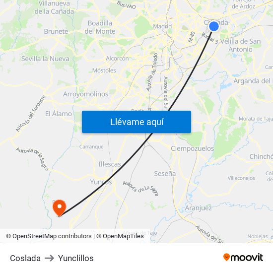 Coslada to Yunclillos map
