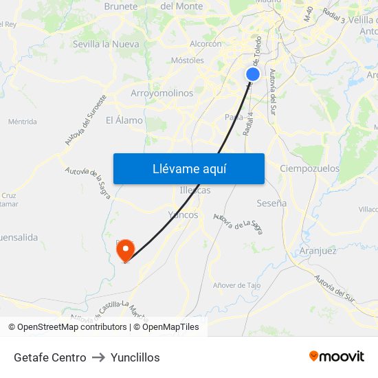 Getafe Centro to Yunclillos map