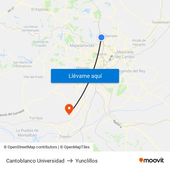 Cantoblanco Universidad to Yunclillos map