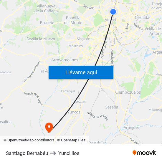 Santiago Bernabéu to Yunclillos map