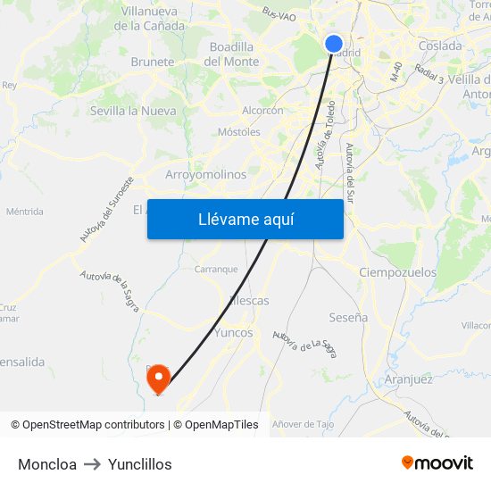 Moncloa to Yunclillos map