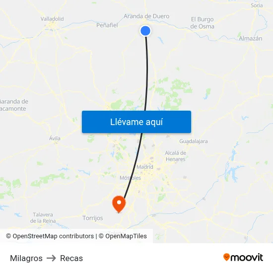 Milagros to Recas map