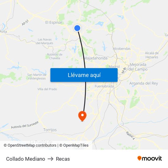 Collado Mediano to Recas map