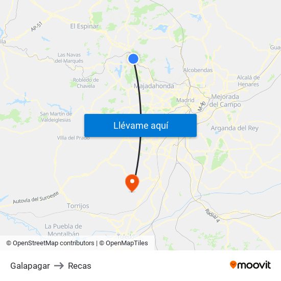 Galapagar to Recas map