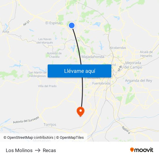 Los Molinos to Recas map