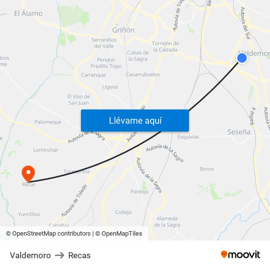 Valdemoro to Recas map