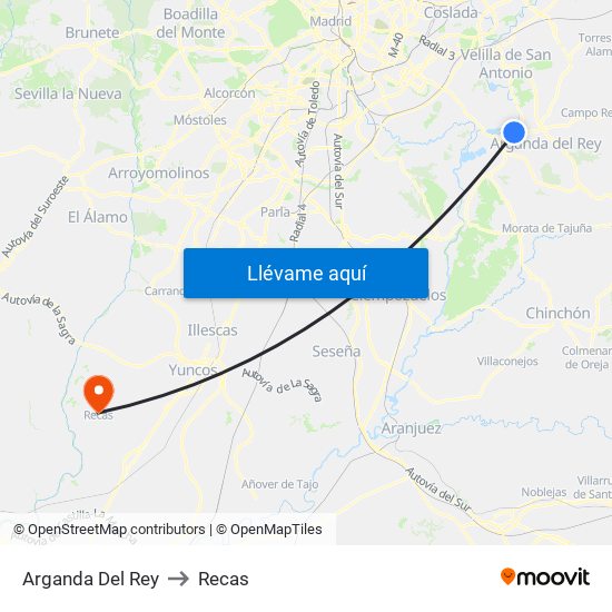 Arganda Del Rey to Recas map
