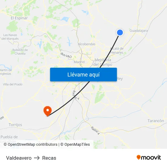 Valdeavero to Recas map