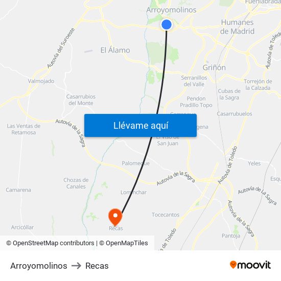 Arroyomolinos to Recas map