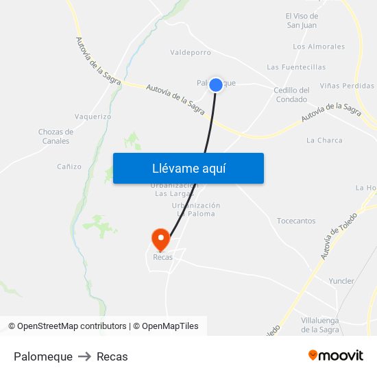 Palomeque to Recas map