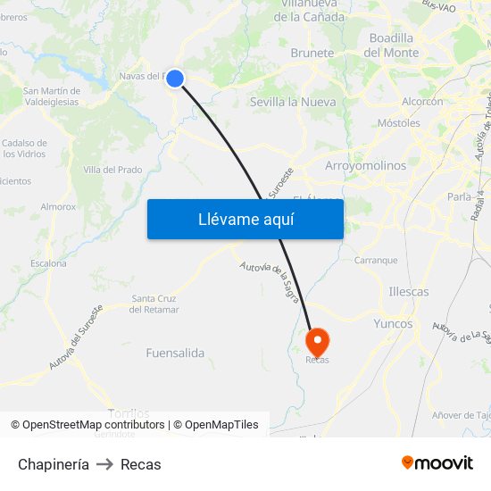 Chapinería to Recas map