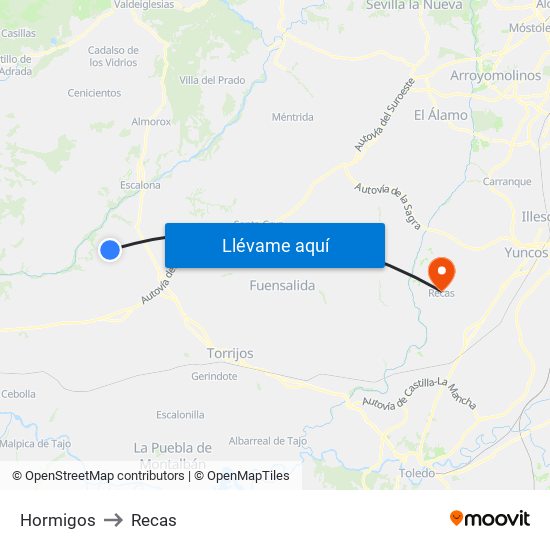 Hormigos to Recas map