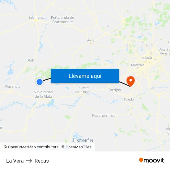 La Vera to Recas map