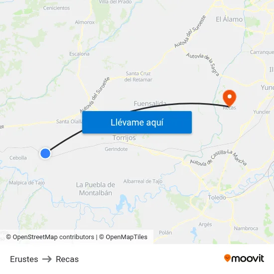 Erustes to Recas map
