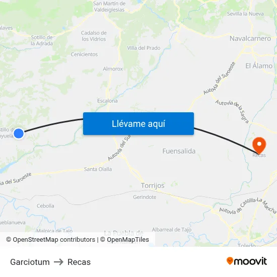 Garciotum to Recas map