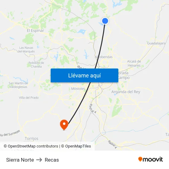 Sierra Norte to Recas map
