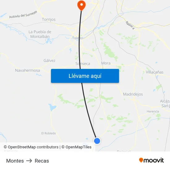 Montes to Recas map