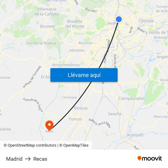 Madrid to Recas map