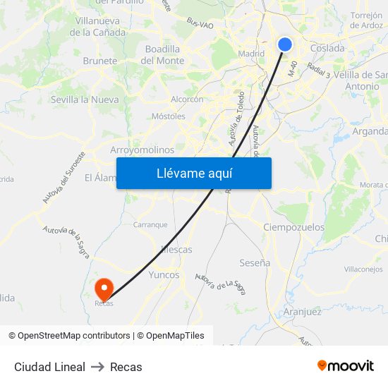 Ciudad Lineal to Recas map