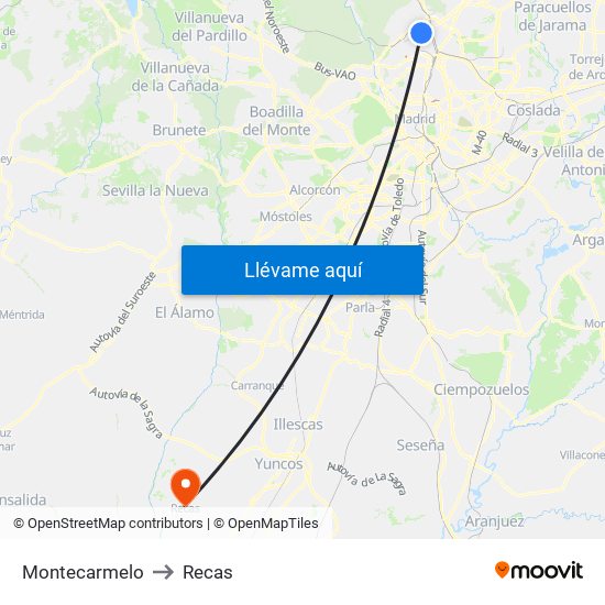 Montecarmelo to Recas map