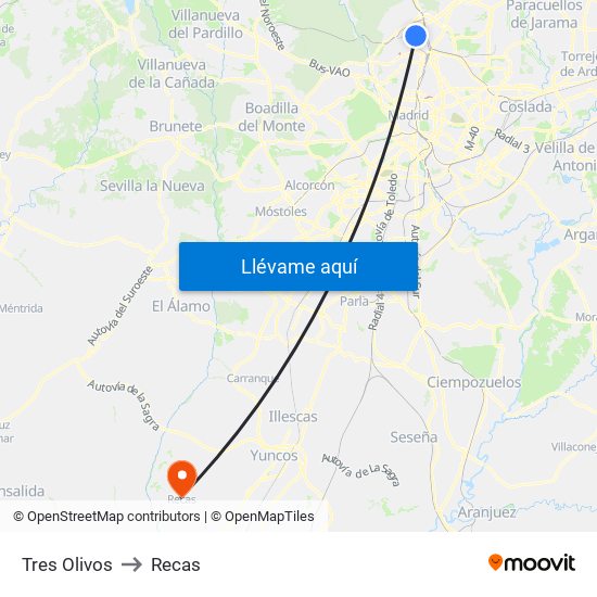 Tres Olivos to Recas map