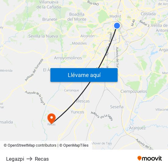 Legazpi to Recas map