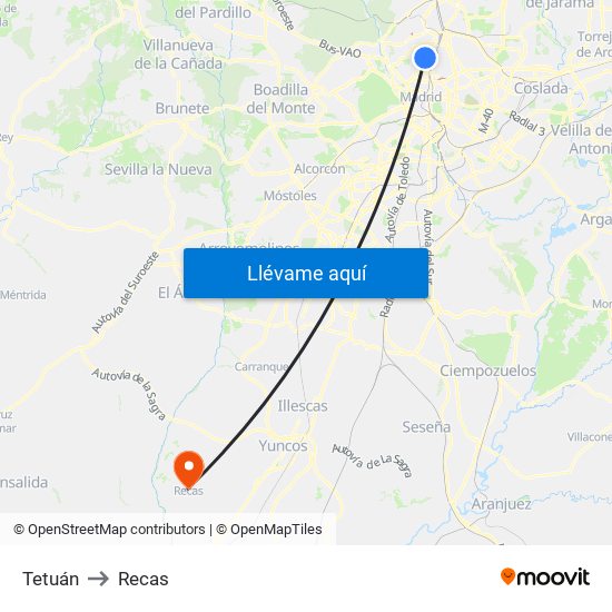 Tetuán to Recas map