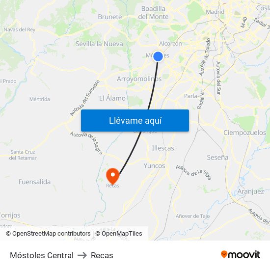 Móstoles Central to Recas map