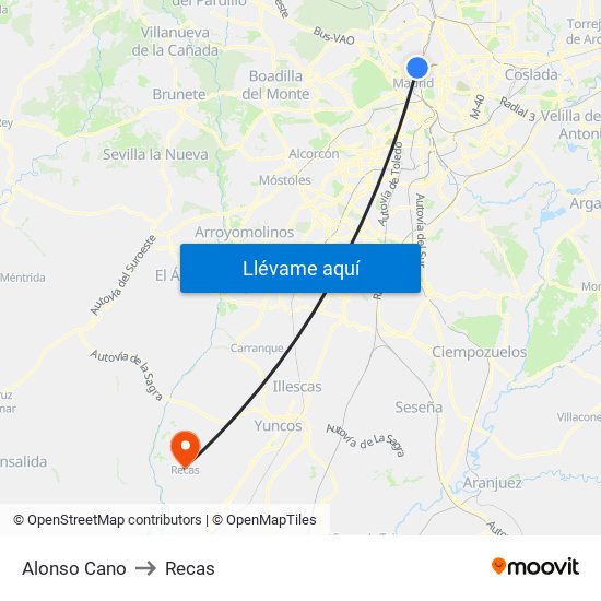 Alonso Cano to Recas map