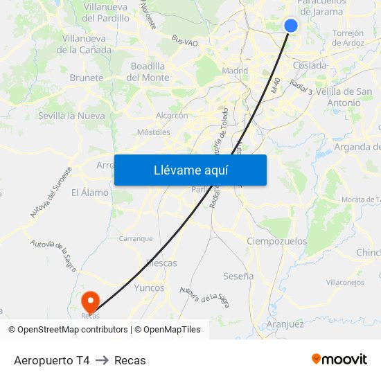 Aeropuerto T4 to Recas map