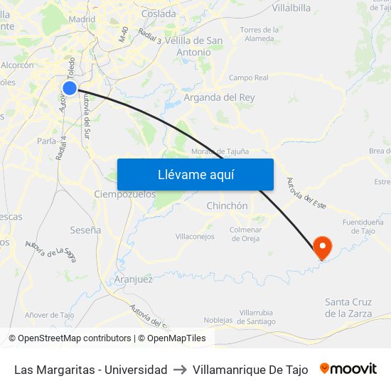 Las Margaritas - Universidad to Villamanrique De Tajo map