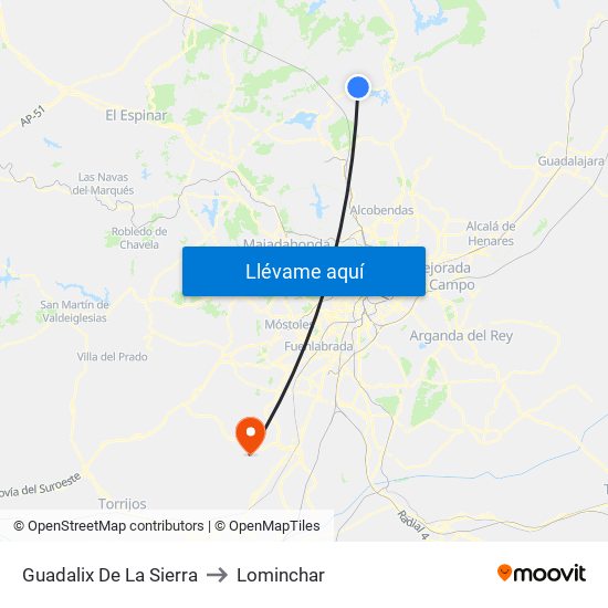 Guadalix De La Sierra to Lominchar map