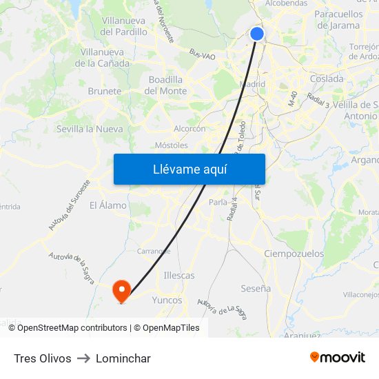 Tres Olivos to Lominchar map