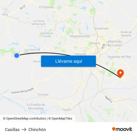 Casillas to Chinchón map