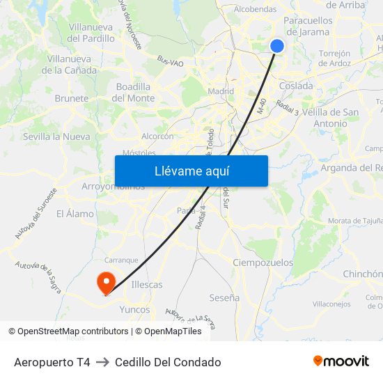 Aeropuerto T4 to Cedillo Del Condado map